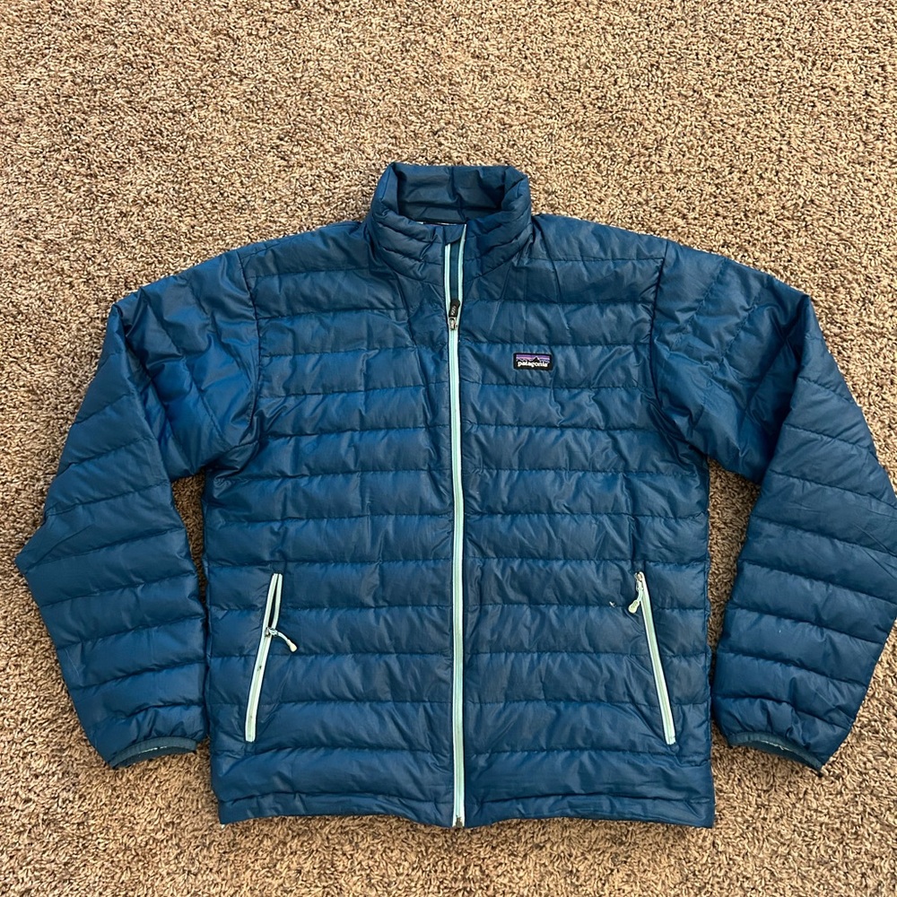 Patagonia Down Sweater Jacket Mens small Blue Puffer Full Zip Puff Goose